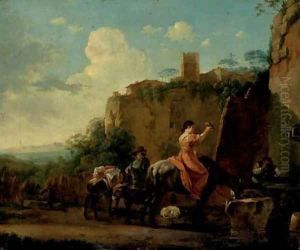 Travellers on horseback at rest by a well, a hilltop town beyond by Jan Asselyn