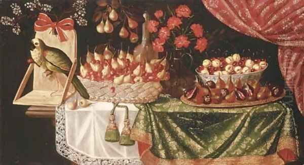 Pears and marasca cherries in a basket - view 1