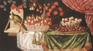 Pears and marasca cherries in a basket by Josefa De Ayala