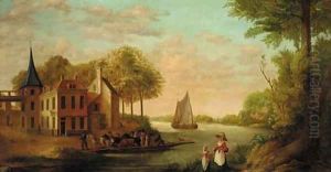Peasants and horses disembarking from a ferry near the Star Inn by Juriaan Andriessen