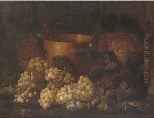 Grapes on the vine, a copper planter and a bird on a ledge