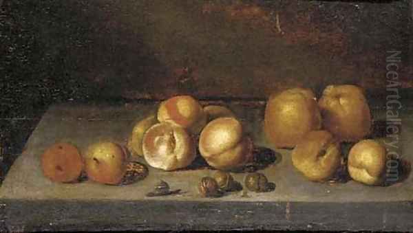 Apples, peaches, walnuts and a snail on a stone ledge - view 1