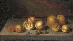 Apples, peaches, walnuts and a snail on a stone ledge by Bartholomeus Assteyn