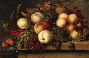Grapes, peaches, redcurrants, cherries, an apple and a dragonfly on a ledge by Bartholomeus Assteyn