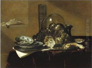 Still Life With A Roemer, A Beer Glass, A Silver Tazza On Itsside, A Salt Cellar And Other Objects On A Table Draped In Redcloth by Jan Jansz. Treck