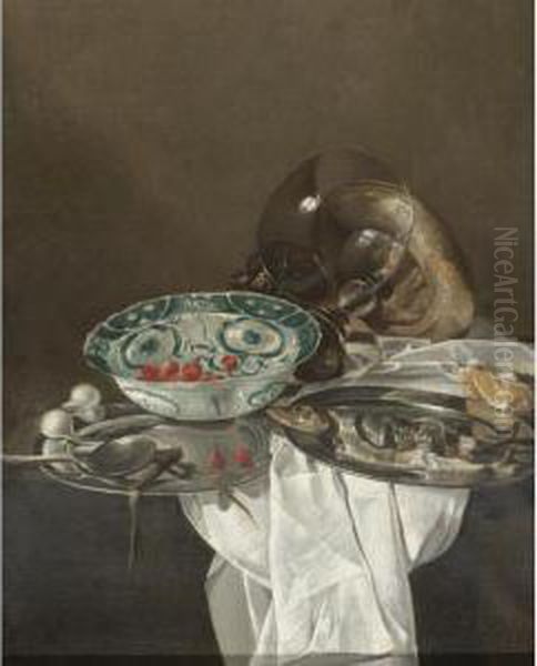 A Still Life With A Herring On A Pewter Plate, Together With Spring Onions, Strawberries, A Porcelain Bowl And A Roemer On A Table - view 1