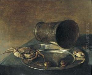 Still Life With A Crab And Olives On A Pewter Dish With An Overturned Silver Beaker