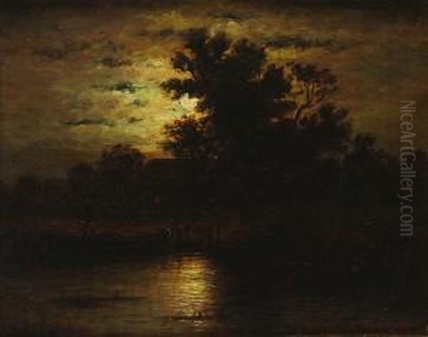 Moonlight Landscape With Boat And Cottage - view 1