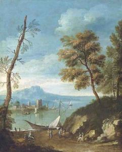 A Mediteranean coastal landscape with figures by Paolo Anesi