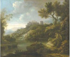 An arcadian landscape with figures resting by a lake, a town on a hilltop beyond