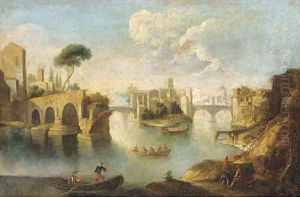 The Tiber, Rome, looking north past the ruins of the Pons Aemilius to the Insula Tiberina by Paolo Anesi