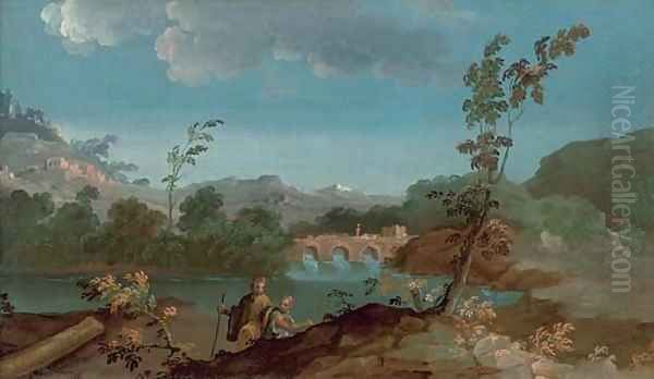 A river landscape with two travellers, a bridge beyond - view 1