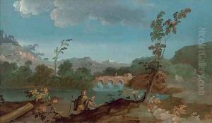 A river landscape with two travellers, a bridge beyond by Paolo Anesi