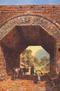 "chu Yang Kuang" Donkeys With Panniers Being Led Under An Archway In A Mountain Village, Titled And Dated Nov 1921, Watercolour