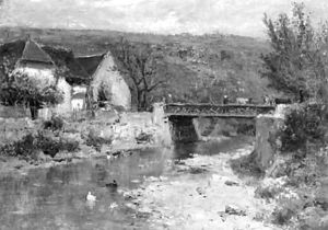 A hilly summer landscape with a bridge crossing a brook by Louis Appian