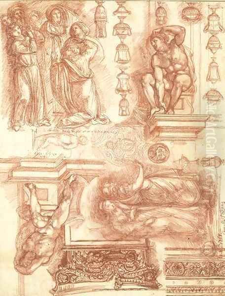 Studies after Michelangelo and other artists, with sketches of capitals, friezes and vases - view 1