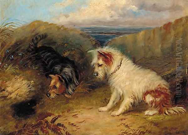 Terriers by a rabbit hole - view 1