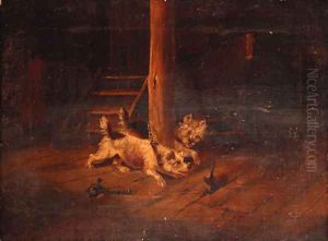 Terriers ratting in a barn