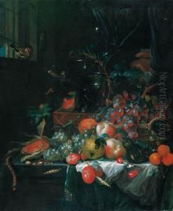 Grapes In A Basket, A Corn Cob, Peaches, Plums, Apricots, Cherries And Other Fruit by Catharini Treu