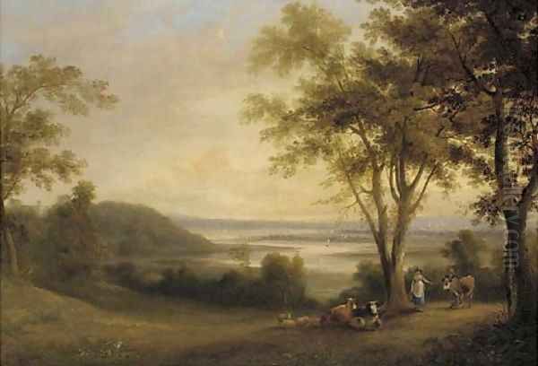 A milkmaid with a drover before a river estuary, a town beyond - view 1