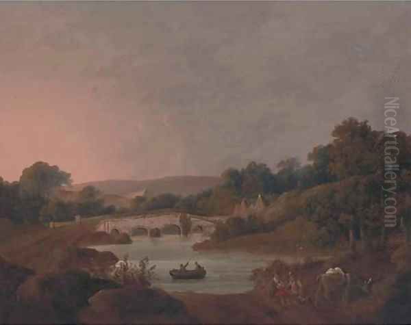 Figures with a donkey resting by a river - view 1