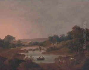 Figures with a donkey resting by a river