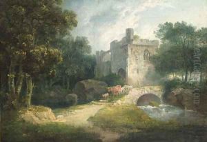 A drover with cattle crossing a bridge before a ruin by George Arnald