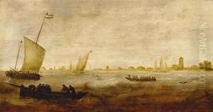 Sailors in a rowing boat with smalschips off a coastline by Hendrik van Anthonissen
