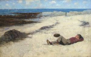 Boy Resting On The Beach With Basket by Edward Trevor