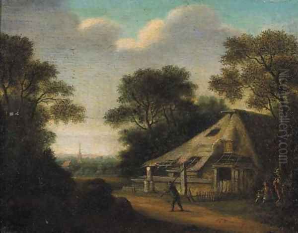 A traveller on a road by a farmhouse, a village beyond - view 1