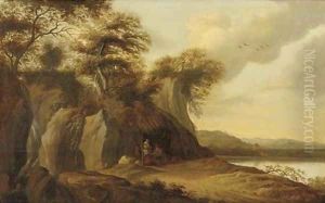A river landscape with a merchant selling his wares beneath a straw canopy by a grotto by Pieter Jansz. van Asch