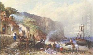 A coastal hamlet with figures selling fish on the foreshore by Samuel Austin