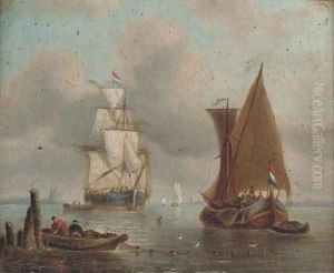 A Dutch merchantman drying her sails in an offshore anchorage
