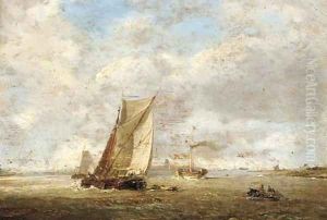 Barges and a paddlesteamer at the harbour mouth