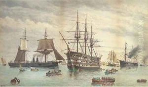 H.M.S. Victory amidst ironclads lying at anchor in the harbour, Portsmouth by William Edward Atkins