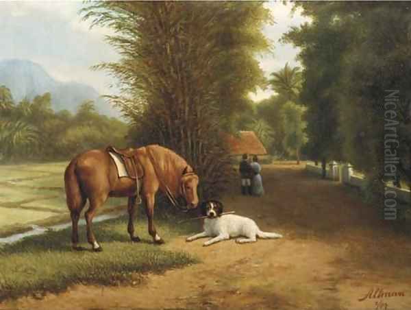 Indonesian landscape with horse and dog - view 1