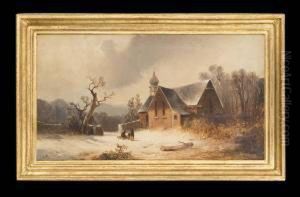 Verschneite Harzansicht, Zentral Kinder Mit Schlitten by Carl Triebel