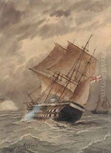 A Royal Naval two-decker heeling in the breeze by William Edward Atkins