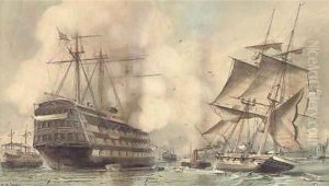 H.M.S. Victory saluting a Royal Navy brig being towed past the old flagship's permanent mooring into Portsmouth harbour by William Edward Atkins