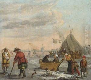 A winter landscape with men playing kolf and children on a sledge by Barent Avercamp
