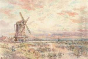 A windmill on the Fens at dusk by Charles Frederick Allbon