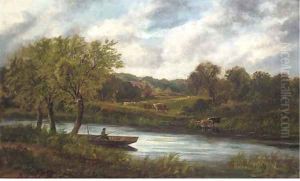 An angler on a boat, with cattle grazing beyond An angler on a boat, with cattle grazing beyond