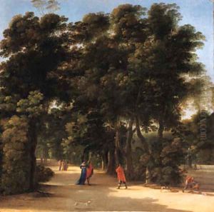 A park landscape with elegant figures conversing by Angeluccio