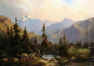 An Extensive Alpine Country Landscape With Figures Resting By A Lake