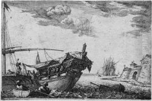Kriegsschiff Und Segler In Einem Befestigten Hafen by Antonio Domenico Triva