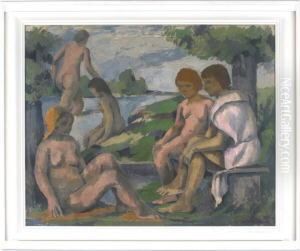 Badende Im Schatten Der Baume Am Ufer by Hugo Troendle