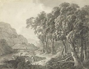 Wooded River Landscape Withruins by Johann Heinrich Troll