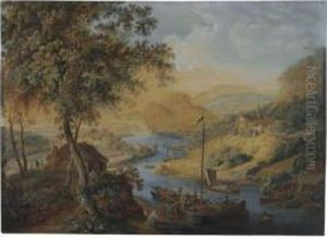 An Imaginary Rhine Landscape With Boats, Fishermen And A Castle Ona Hill