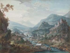 A Rhine Landscape With A Town On The River And Merchants Loadingcargo On Boats
