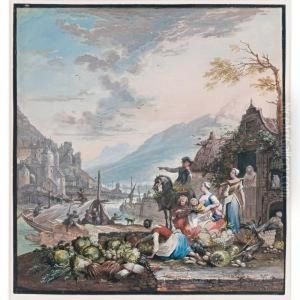 A Market Scene With Figures By A Quayside And A Mountainous River Landscape Behind